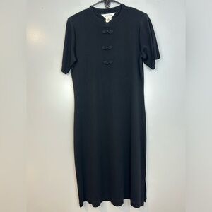 Misook Black Cheongsam Mandarin Collar Black Midi Dress Size M
